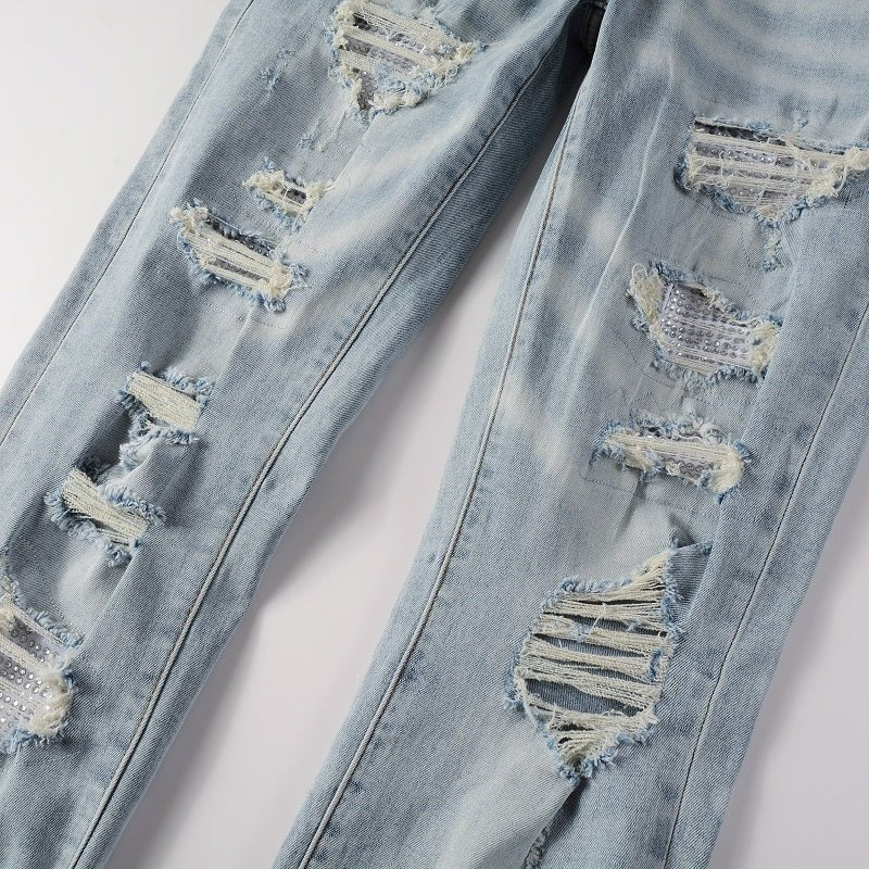 Amiri Hellblaue Patchwork Jeans für Herren – Distressed Luxus Slim Fit Denim