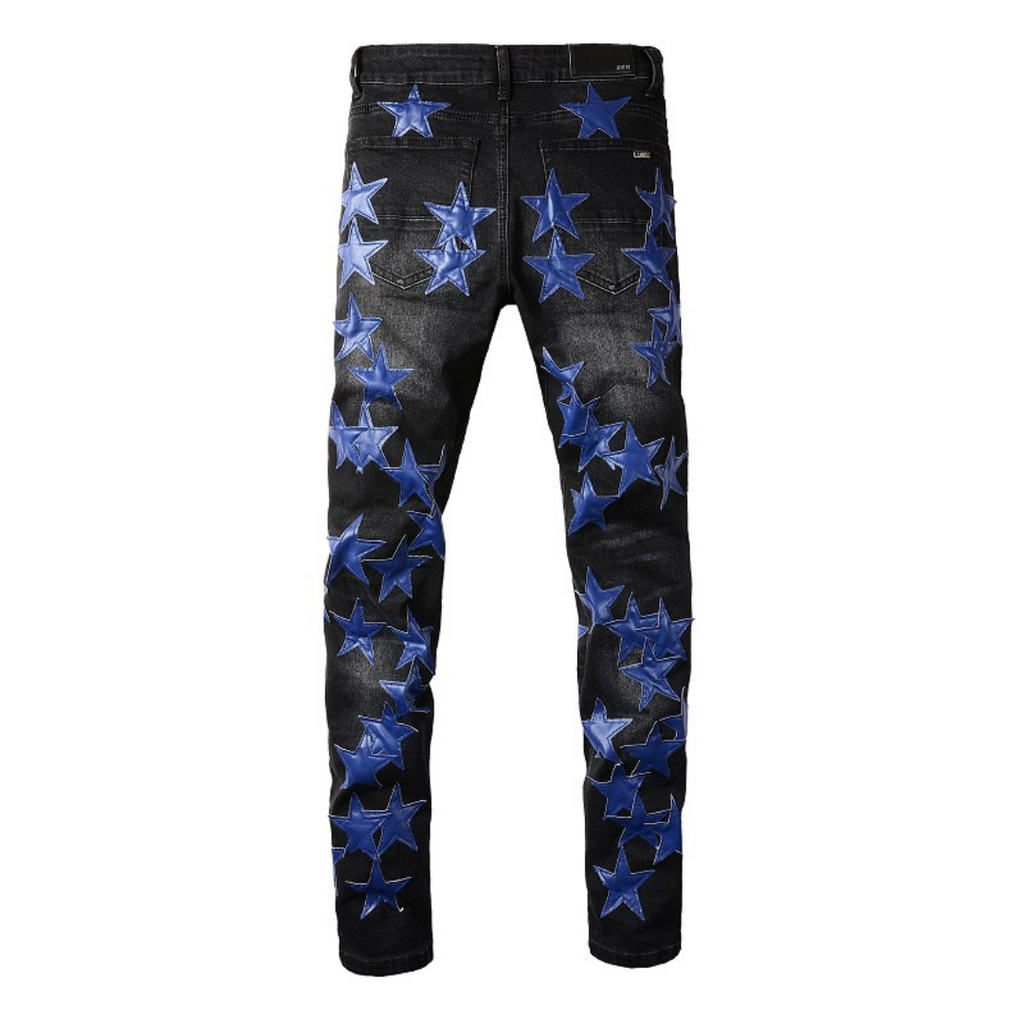 Amiri Marineblaue Sternen-Patch Jeans: Designer Denim mit Stretch Slim Fit
