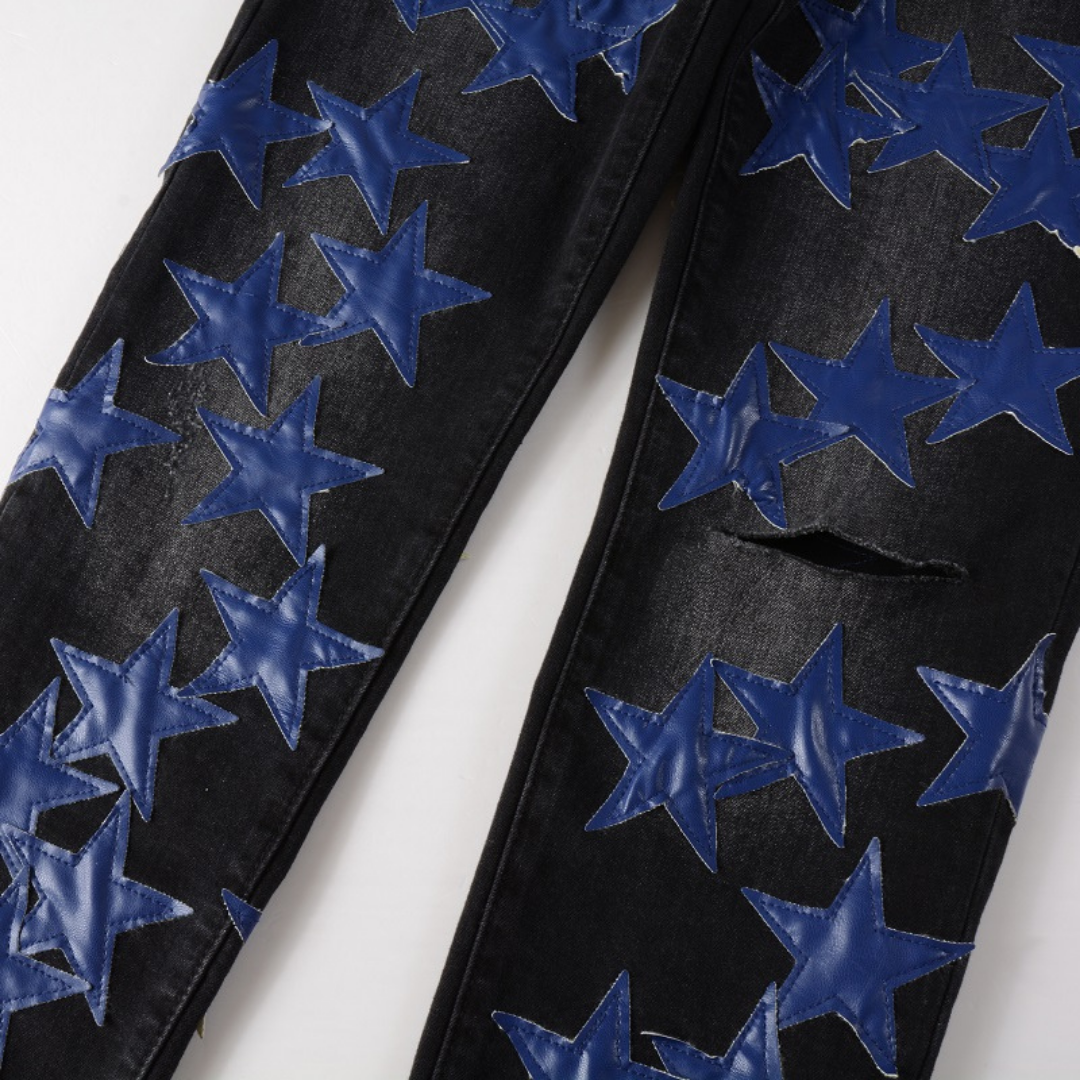 Amiri Marineblaue Sternen-Patch Jeans: Designer Denim mit Stretch Slim Fit
