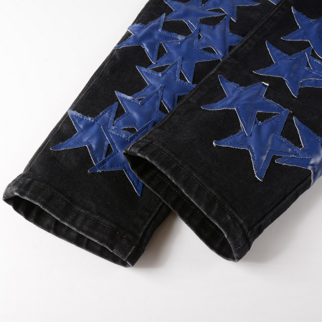 Amiri Marineblaue Sternen-Patch Jeans: Designer Denim mit Stretch Slim Fit