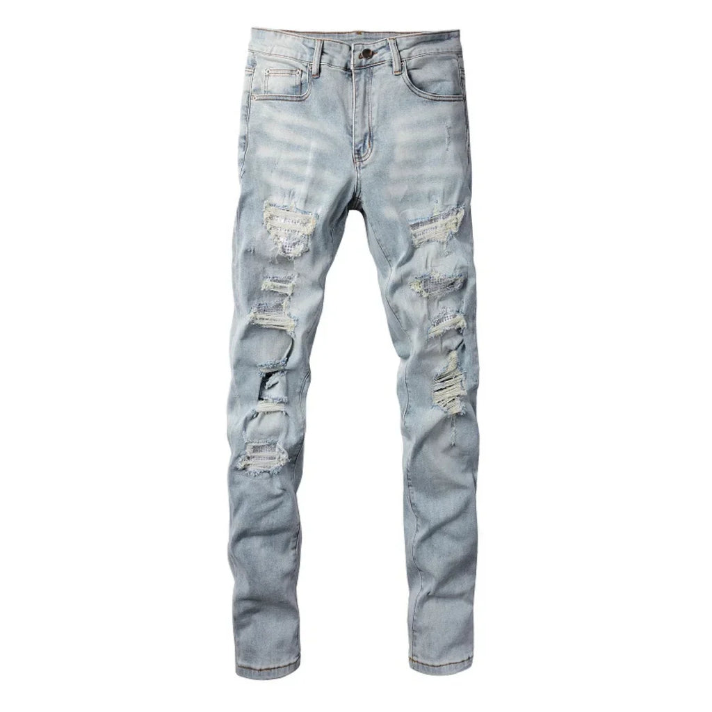 Amiri Hellblaue Patchwork Jeans für Herren – Distressed Luxus Slim Fit Denim