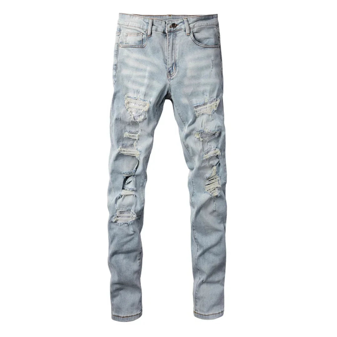Amiri Hellblaue Patchwork Jeans für Herren – Distressed Luxus Slim Fit Denim