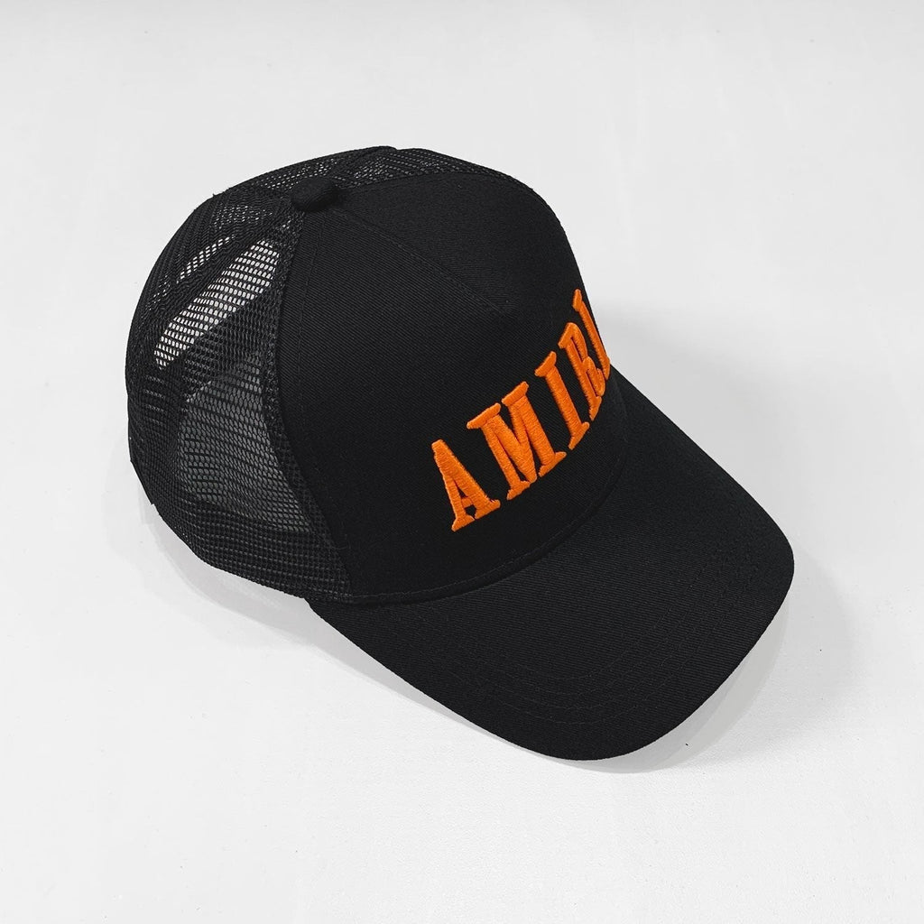 Exklusive Amiri Kappe Schwarz Orange Design Hochwertige Streetwear Kopfbedeckung